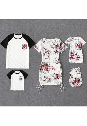 Family Matching Floral Print Short-sleeve Ruched Drawstring Bodycon Dresses and Raglan-sleeve T-shirts Sets