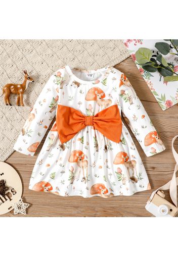 Baby Girl Ribbed Orange/White Animal Print Bowknot Long-sleeve Dress