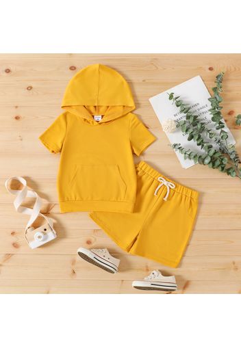 2pcs Toddler Boy Basic Solid Color Pocket Design Hooded Short-sleeve Tee and Elasticized Shrots Set