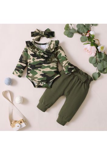 3pcs Baby Leopard Long-sleeve Ruffle Romper and Solid Trousers Set