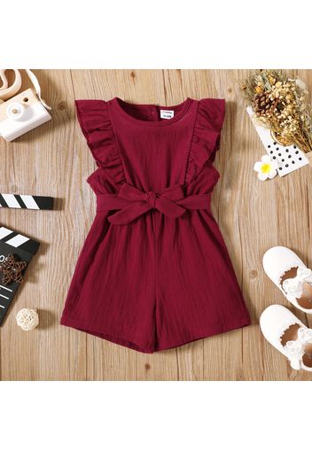 Toddler Girl Ruffled Floral Print/Burgundy Sleeveless Belted Romper Jumpsuit Shorts