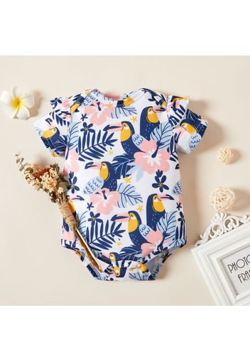 Baby Girl Short-sleeve Floral & Bird & Polka dots Print Romper