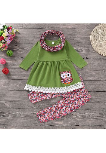 3-piece Toddler Girl Owl Embroidery Lace Decor Long-sleeve Top, Floral Print Pants and Scarf Set