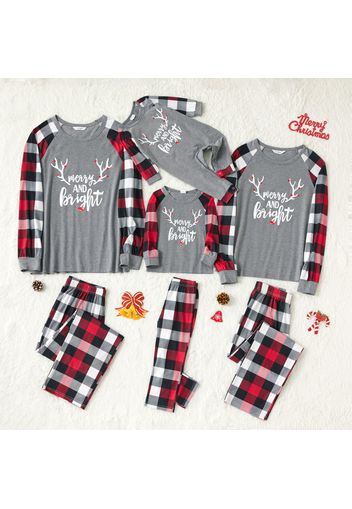 Christmas Letters and Antlers Print Family Matching Long-sleeve Plaid Pajamas Sets (Flame Resistant)