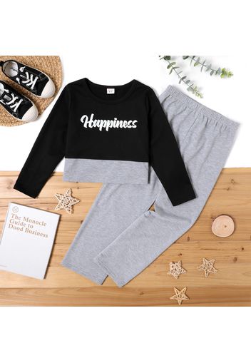 2-piece Kid Girl Letter Print Colorblock Long-sleeve Tee and Grey Pants Set