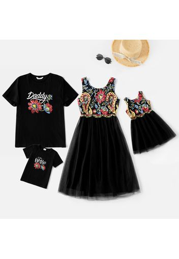 Embroidered Floral Print Family Matching Black/Red Sets