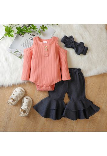 3pcs Baby Off Shoulder Long-sleeve Ribbed Romper and Bell Bottom Jeans Set