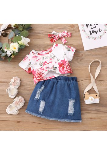 2pcs Toddler Girl Floral Print Twist Front Short-sleeve Crop Tee and Ripped Denim Skirt Set