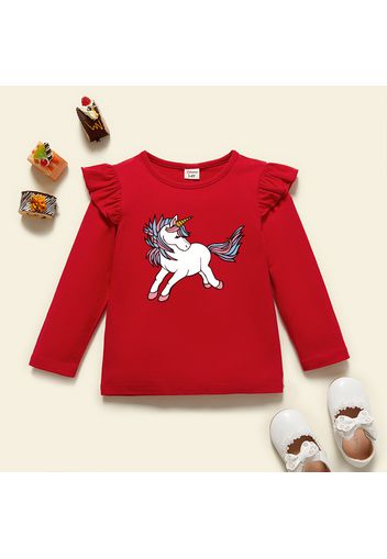 Toddler Girl Graphic Unicorn Print Ruffled Long-sleeve Tee