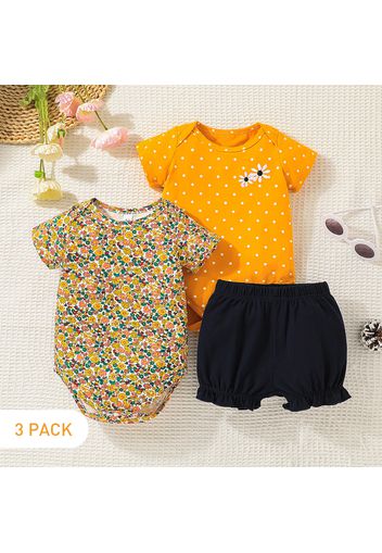 3-Pack Baby Girl 95% Cotton Short-sleeve Floral Print and Polka Dots Rompers with Solid Shorts Set