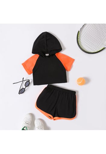 2pcs Toddler Girl Colorblock Short Raglan Sleeve Hooded Tee and Elasticized Shorts Set