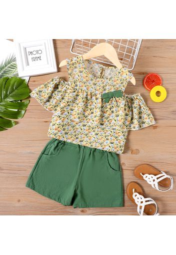 2-piece Kid Girl Floral Print Cold Shoulder Bowknot Design Chiffon Tee and Elasticized Shorts Set