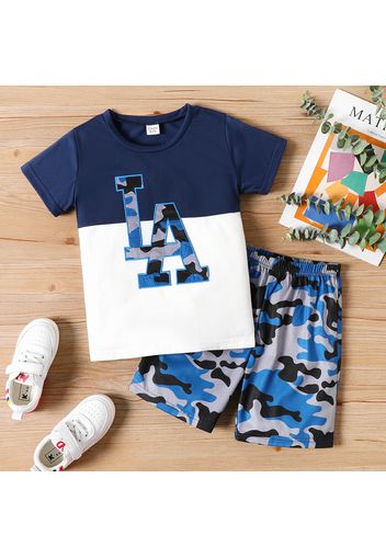 2pcs Kid Boy Camouflage Letter Print Colorblock Short-sleeve Tee and Shorts Set