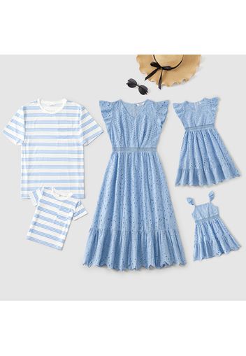 Family Matching 100% Cotton Blue Eyelet Embroidered V Neck Flutter-sleeve Dresses and Striped Short-sleeve T-shirts Sets