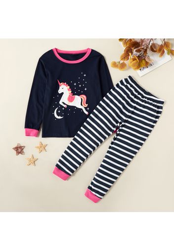 Fashionable Unicorn Moon Stars Print Long-sleeve Tee and Striped Pants Set