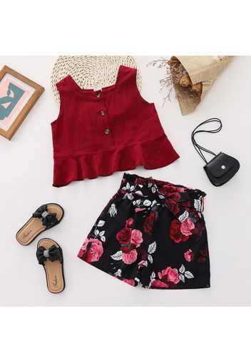 2-piece Kid Girl Button Design Sleeveless Burgundy Top and Floral Print Belted Shorts Set