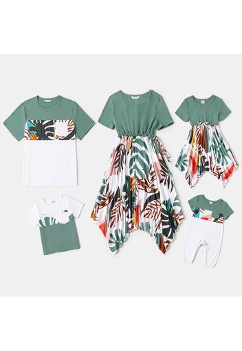 Family Matching Solid Short-sleeve Splicing Leaves Print Irregular Hem Dresses and Colorblock T-shirts Sets