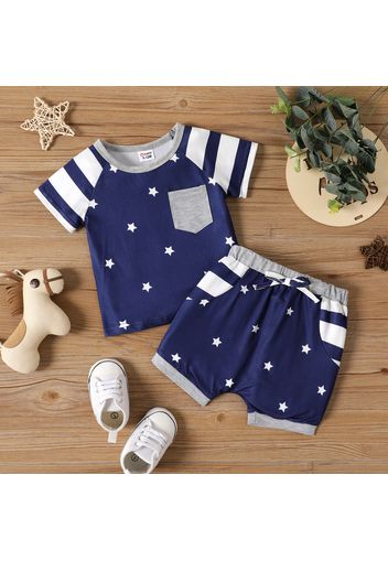 2pcs Baby Boy Allover Stars & Striped Short-sleeve Spliced T-shirt and Shorts Set