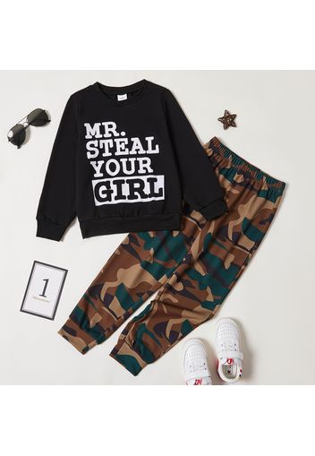 2-piece Kid Boy Letter Print Long-sleeve Black T-shirt and Camouflage Print Pants Set