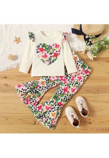 2-piece Toddler Girl Ruffled Floral Print Heart Pattern Ribbed Long-sleeve Top and Flared Pants Set