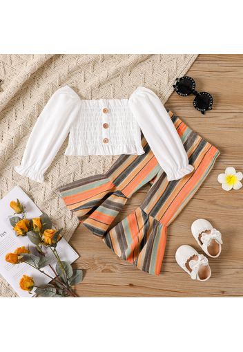 2pcs Baby Girl Button Front Off Shoulder Long-sleeve Shirred Top and Striped Flared Pants Set