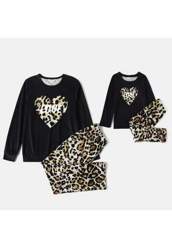 Love Heart Letter Print Black Long-sleeve Sweatshirt with Leopard Pants Sets for Mom and Me