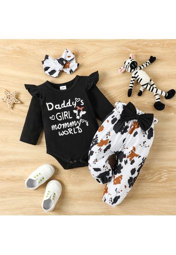 3pcs Baby Girl 95% Cotton Long-sleeve Letter Print Romper and Bow Front Pants with Headband Set