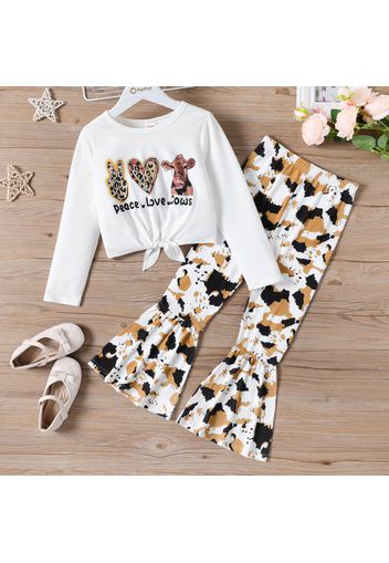 2pcs Kid Girl Letter Animal Print Tie Dyed Long-sleeve Tee and Leopard Print Flared Pants Set