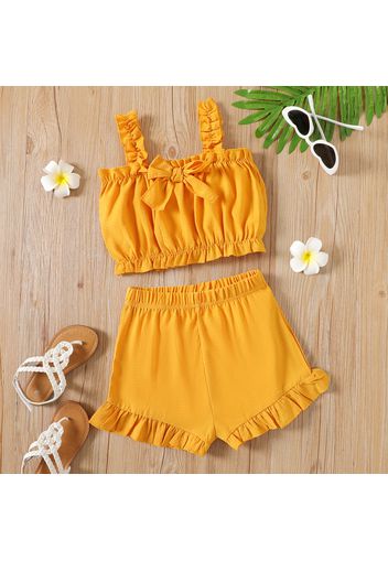 2-piece Kid Girl Bowknot Design Ruffled Solid Color Camisole and Elasticized Shorts Set