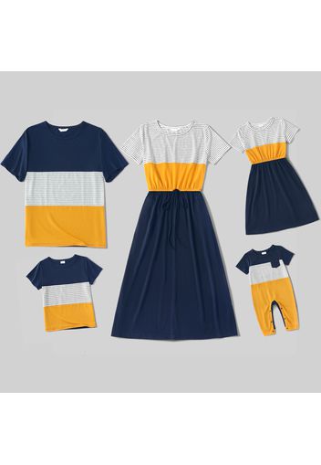 Family Matching Striped Colorblock Short-sleeve Midi Dresses and T-shirts Sets