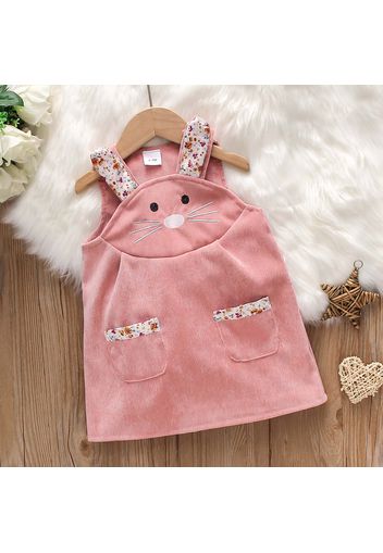 Baby Girl Cartoon Rabbit Pattern Pink Corduroy Sleeveless Tank Dress