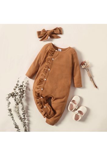 2pcs Baby Girl Solid Waffle Long-sleeve Ruffle Snap-up Jumpsuit Set