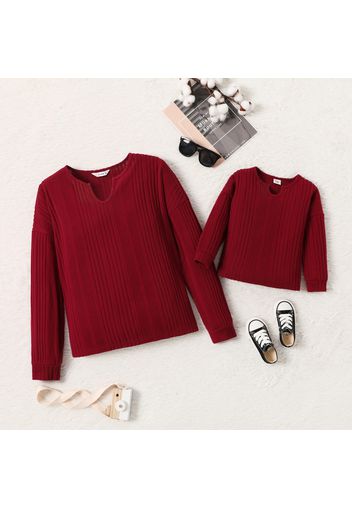 Solid Knitted Ribbed V Neck Long-sleeve Pullover Tops for Mom and Me