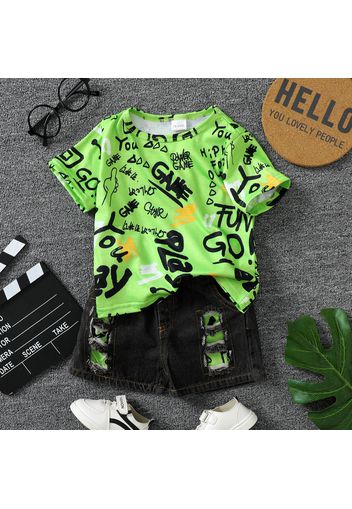 2pcs Baby Boy 95% Cotton Ripped Denim Shorts and All Over Graffiti Letter Print Short-sleeve T-shirt Set