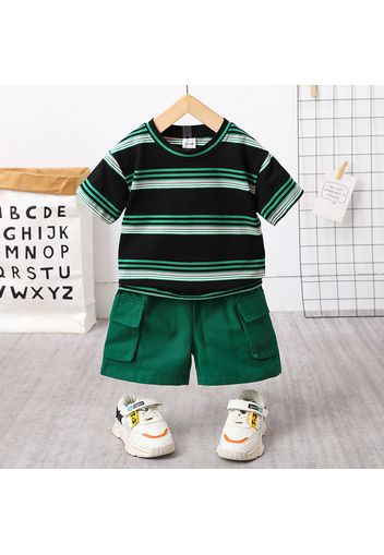 2pcs Toddler Boy Trendy 100% Cotton Stripe Tee and Pocket Design Cargo Shorts Set