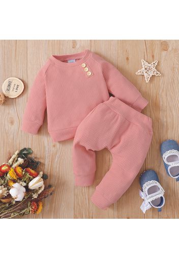 Baby 2pcs Solid Waffle Long-sleeve Sweatshirt and Trouser Set