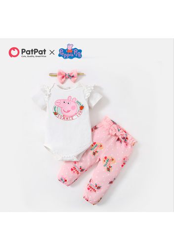 Peppa Pig 3pcs Baby Girl Cartoon Letter Print Short-sleeve Romper and Trousers with Headband Set