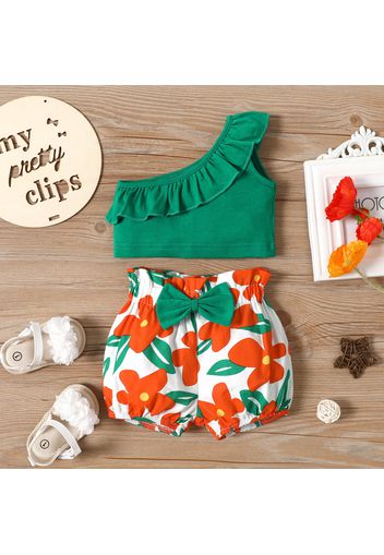 2pcs Baby Girl 100% Cotton Floral Print Bowknot Shorts and Solid One Shoulder Ruffle Sleeveless Crop Top Set