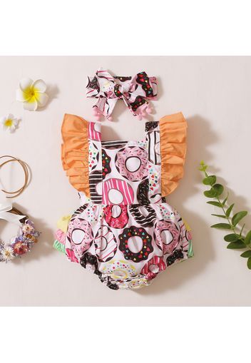 2pcs Donut Print Flutter-sleeve Baby Romper Set