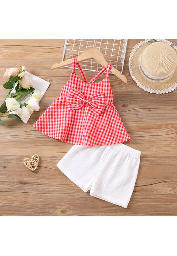 2pcs Toddler Girl 100% Cotton Bowknot Design Plaid Camisole and White Shorts Set