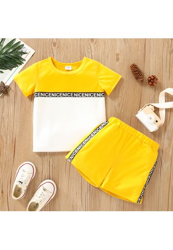 2-piece Toddler Boy Letter Print Colorblock Tee and Elasticized Shorts Set