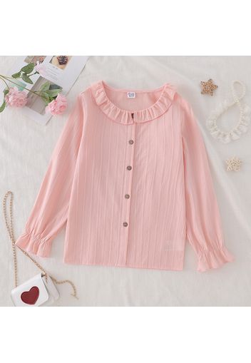 Kid Girl Ruffled Doll Collar Solid Color Button Design Long-sleeve Blouse