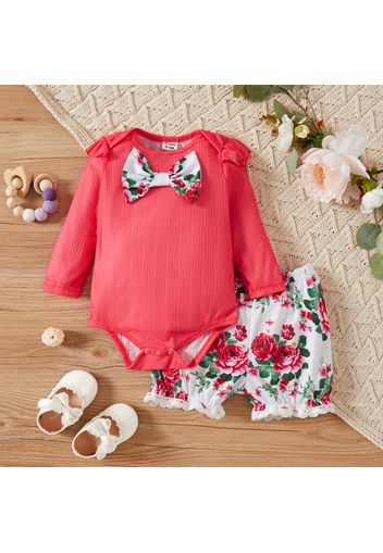 Baby Girl 2pcs Solid and Floral Print Long-sleeve Romper and Shorts Set