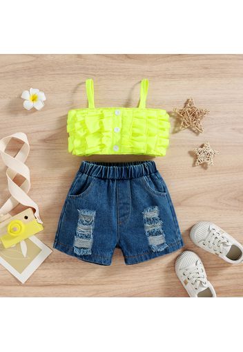 2pcs Baby Girl 95% Cotton Layered Ruffle Trim Cami Top and Ripped Denim Shorts Set