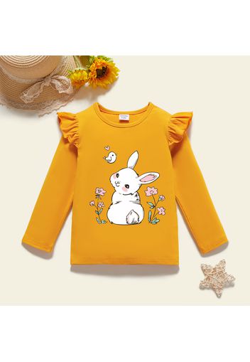 Toddler Graphic Rabbit and Floral and Bird Print Ruffled Long-sleeve Tee