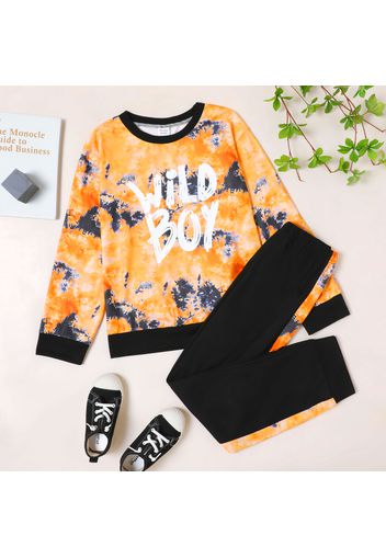 2-piece Kid Boy Letter Print Tie Dye Long-sleeve Top and Elasticized Pants Set