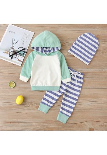 3pcs Striped Color Blocked Hooded Long-sleeve Baby Set