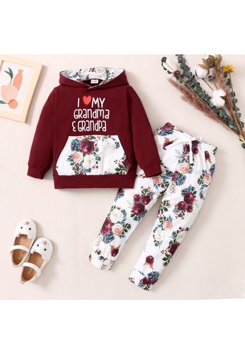 2-piece Toddler Girl Letter Floral Print Hoodie and Pants Set