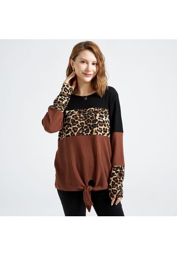 Colorblock Leopard Splice Round-collar Long-sleeve T-shirt