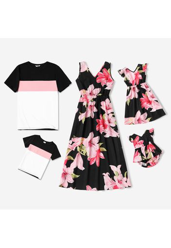 Family Matching Pink Floral Print V Neck Sleeveless Dresses and Colorblock Short-sleeve T-shirts Sets